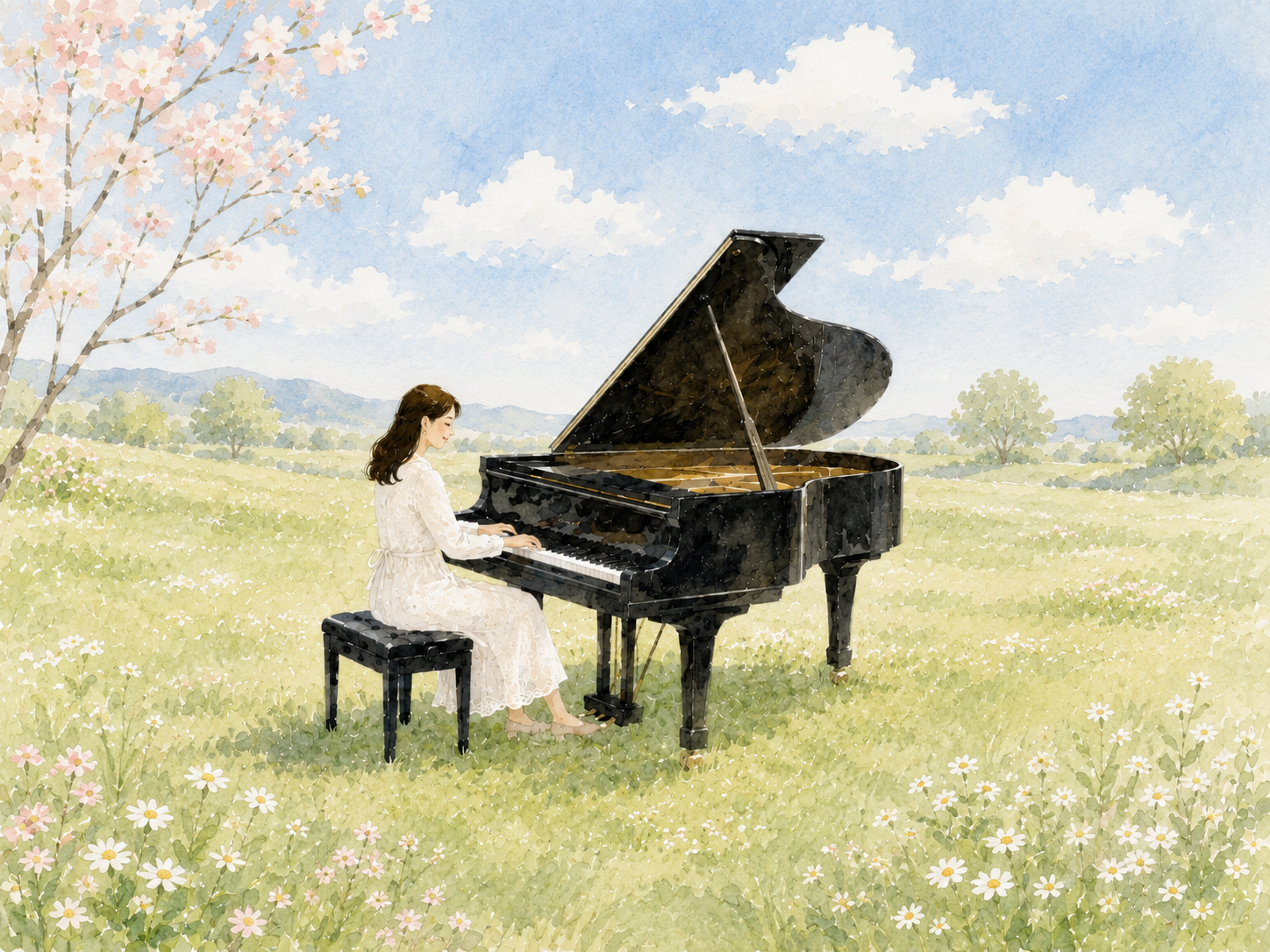 花咲く草原でグランドピアノを演奏する女性の水彩イラスト